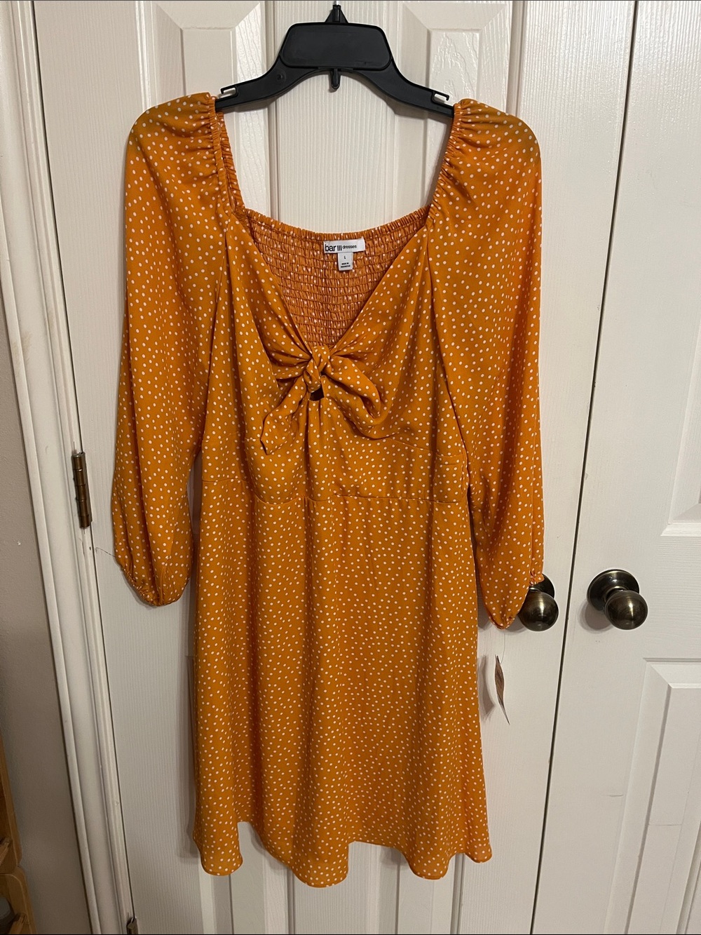Bar III Mustard Polka Dot Tie-Front Long Sleeve Dress